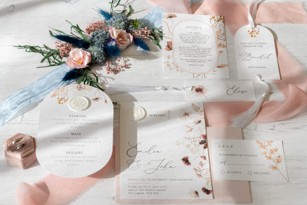 Elegant wedding stationery in soft pastel colours for a Bridgerton inspired wedding