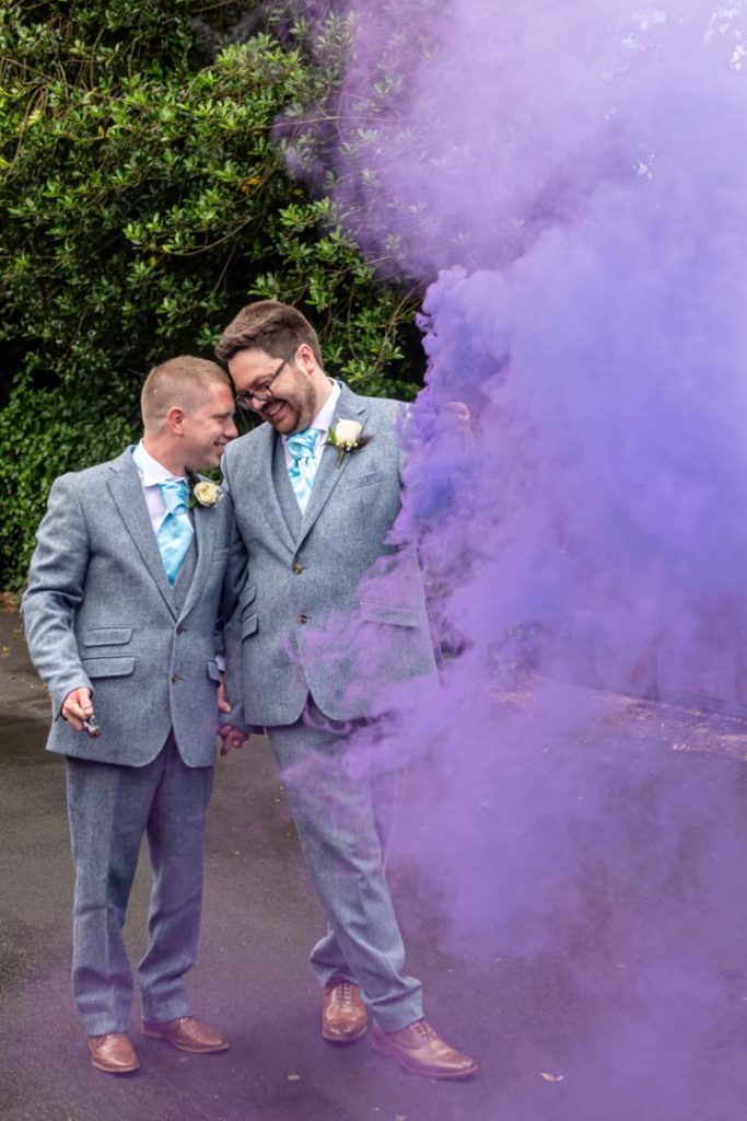 Smoke bomb photo with the newlyweds