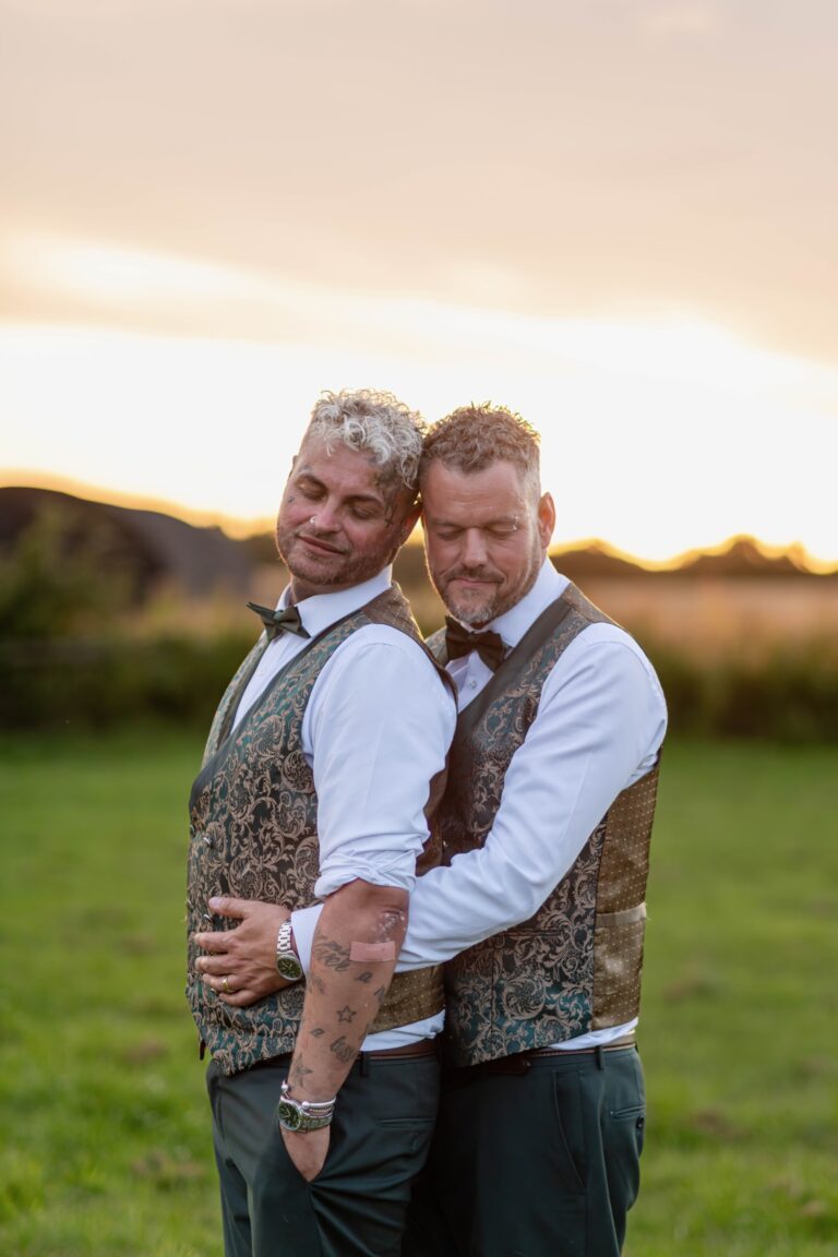 Groom and groom during golden hour – natural & fun wedding photography