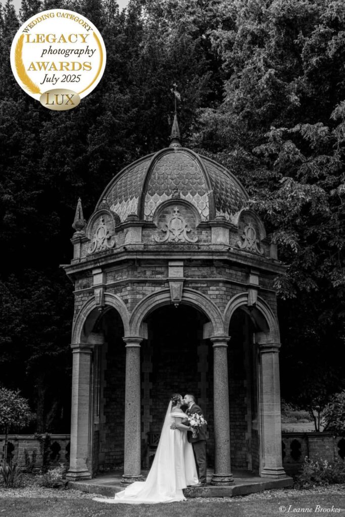 Wedding Photography Portfolio – award-winning black and white wedding portrait under gazebo