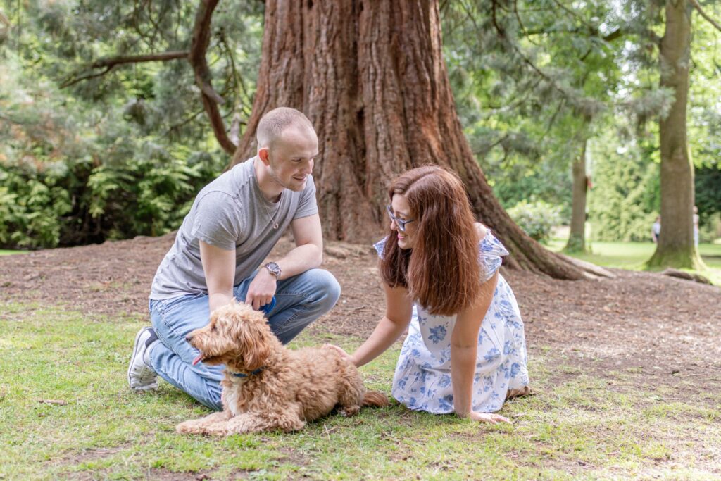 A man and woman interact joyfully with a fluffy dog while sitting on the grass in a park, surrounded by lush greenery and a large tree.